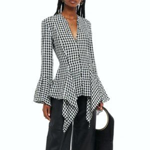 Khaite Elliot Asymmetric Ruffled Gingham Crepe Shirt In Black and White